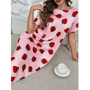 ZARA Strawberry Print Nightgown Summer Round Neck Loose Cozy Loungewear Women